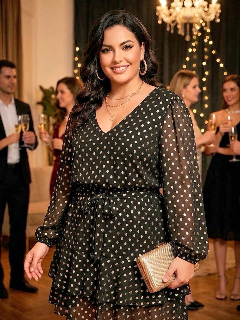 City Studio Polka Dot Mini Dress in Black & Gold XL Like New